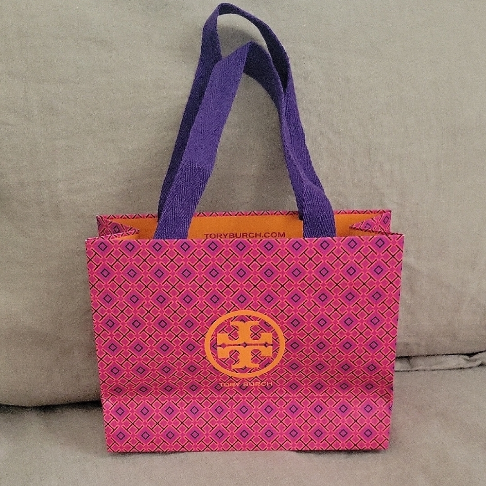Tory Burch Geometric Pink and Purple Paper Tote, Cloth Purple Handle